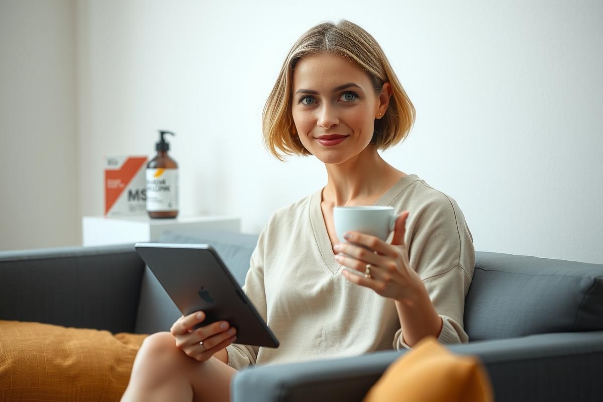 The image depicts a woman seated on a couch, holding a tablet. She is smiling and appears to be engaged with the content on the screen.