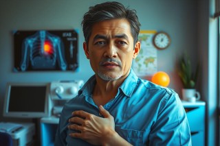 The image features a middle-aged man sitting in what appears to be a medical office setting. He has short hair and is dressed in a blue button-up shirt. His expression seems serious, and he's holding his chest with one hand. The background includes medical equipment like an ECG machine and a medical chart, indicating that the scene takes place within a healthcare context.