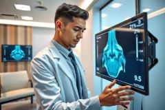 Doctor examining an X-ray image on a screen in a clinic. Medical professional in lab coat analyzing diagnostic scan. Healthcare, radiology, diagnostics.