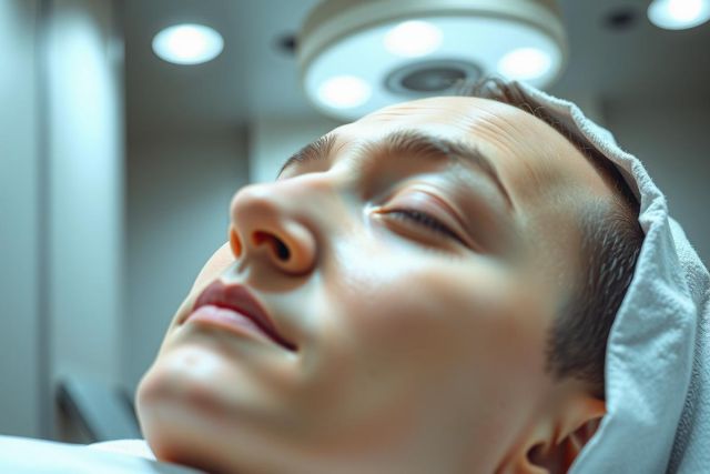 Close-up of a patient lying under a surgical light in an operating room. Focus on their face, highlighting the sterile environment and medical setting. Blue and white tones dominate the scene.
