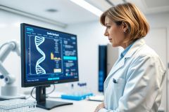 Scientist in a lab analyzing DNA sequencing data on a computer monitor. The image features a modern lab setting with blue and white tones, showcasing genetic research and biotechnology.