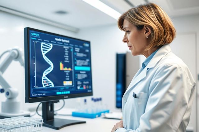 Scientist in a lab analyzing DNA sequencing data on a computer monitor. The image features a modern lab setting with blue and white tones, showcasing genetic research and biotechnology.