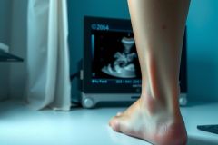 Close-up of a foot near an ultrasound machine. Focus on medical imaging and pregnancy related content. Soft lighting and a blurred background create a clinical atmosphere.