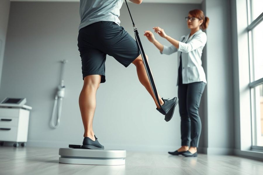 Physical therapy session in a bright, modern clinic. A man performs balance exercises using resistance bands and a wobble board, guided by a female therapist. Focus on rehabilitation, fitness, and healthcare in a clean, white environment.