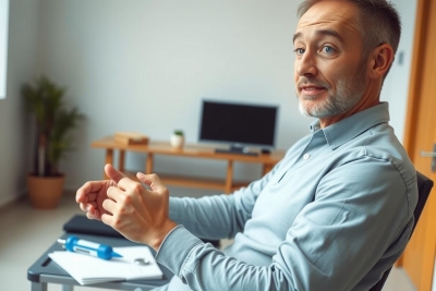 The image depicts a man seated at an office desk. He has a beard and is wearing a light-colored shirt. His hands are clasped together, possibly indicating deep thought or contemplation.