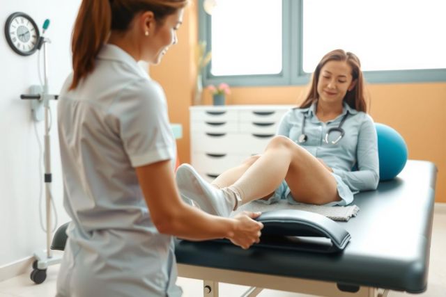 Doctor examining patient's leg during check-up. Medical professional in a clinic setting. Focus on healthcare, diagnosis, and patient care. Blue and white color scheme.