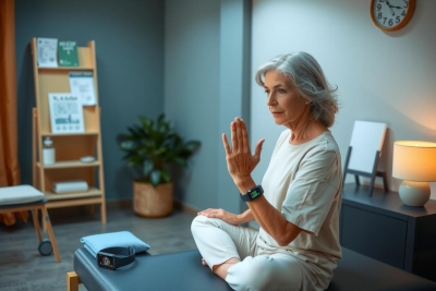 The image depicts a woman sitting on an exercise table in a meditative position. She has gray hair and is dressed in neutral tones, likely a beige top and bottom. The room appears to be a home office or study, with natural light coming from the windows.