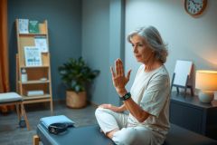 The image depicts a woman sitting on an exercise table in a meditative position. She has gray hair and is dressed in neutral tones, likely a beige top and bottom. The room appears to be a home office or study, with natural light coming from the windows.