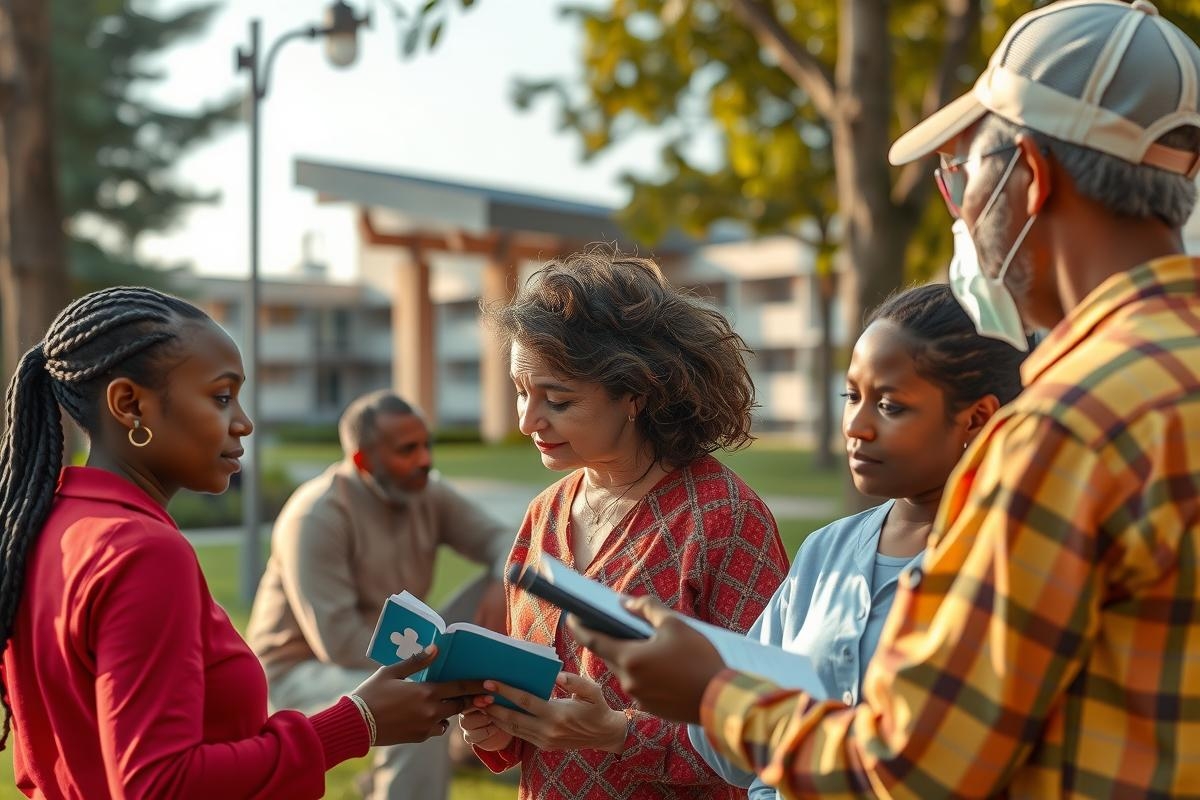 The image portrays a diverse group of people in an outdoor setting, engaged in conversation around digital tablets.