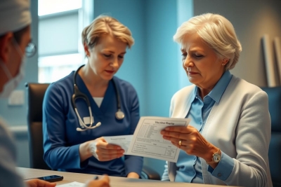 Medical professionals reviewing patient documents. A doctor and nurse are examining paperwork in a clinical setting. Focus on healthcare, patient care, and medical records.