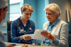Medical professionals reviewing patient documents. A doctor and nurse are examining paperwork in a clinical setting. Focus on healthcare, patient care, and medical records.