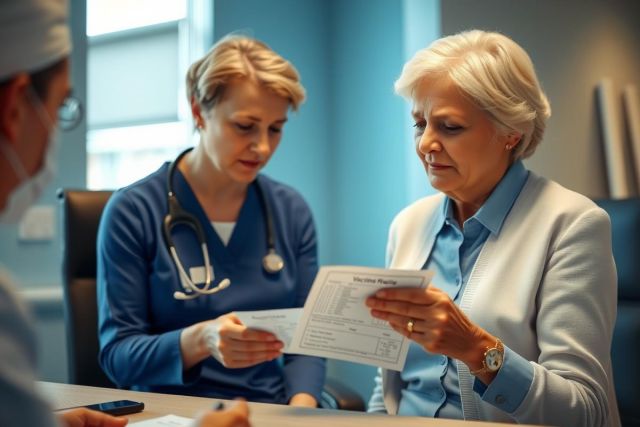 Medical professionals reviewing patient documents. A doctor and nurse are examining paperwork in a clinical setting. Focus on healthcare, patient care, and medical records.