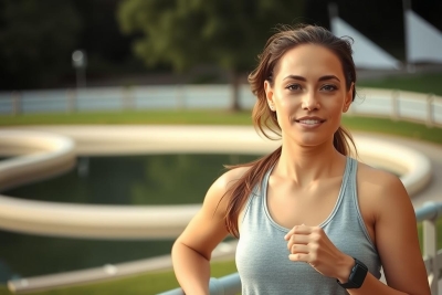 The image features a woman who appears to be an athlete. She is wearing athletic attire, including a top and shorts, and has her hair tied back.