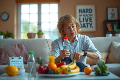 A woman sitting on a sofa at home, drinking water from a bottle. She is surrounded by plates of fruit and a calendar on the table in front of her.