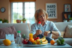 A woman sitting on a sofa at home, drinking water from a bottle. She is surrounded by plates of fruit and a calendar on the table in front of her.