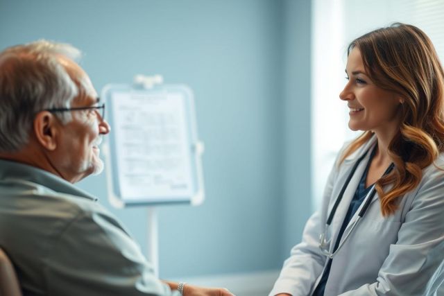 Doctor consults with an elderly patient in a modern medical office. Warm lighting highlights the friendly interaction between the healthcare professional and senior, showcasing compassionate care and patient well-being. Blue walls create a calm environment.