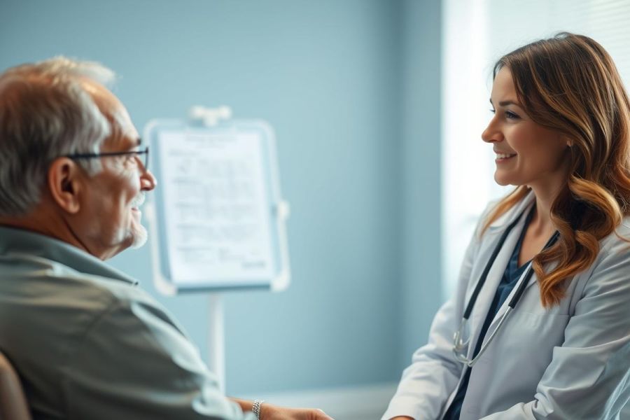 Doctor consults with an elderly patient in a modern medical office. Warm lighting highlights the friendly interaction between the healthcare professional and senior, showcasing compassionate care and patient well-being. Blue walls create a calm environment.