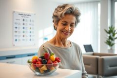 Mature woman with gray hair smiles looking at a bowl of colorful fresh fruit – berries, melon, and apples – in a modern, bright office setting. Healthcare and healthy eating concepts. Eye health chart visible in background.