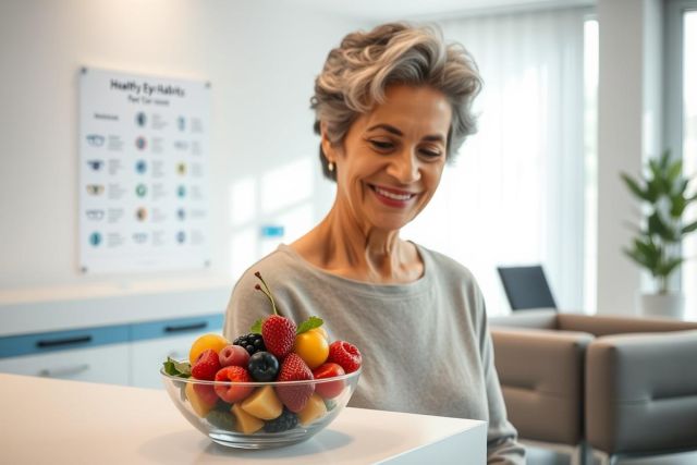 Mature woman with gray hair smiles looking at a bowl of colorful fresh fruit – berries, melon, and apples – in a modern, bright office setting. Healthcare and healthy eating concepts. Eye health chart visible in background.