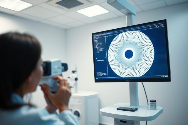 Eye exam in a modern ophthalmology clinic. A woman is undergoing vision testing using specialized equipment, including a computer screen displaying a visual acuity chart. The room is bright and features a clean, white interior. Focus is on eye care and diagnostic technology.