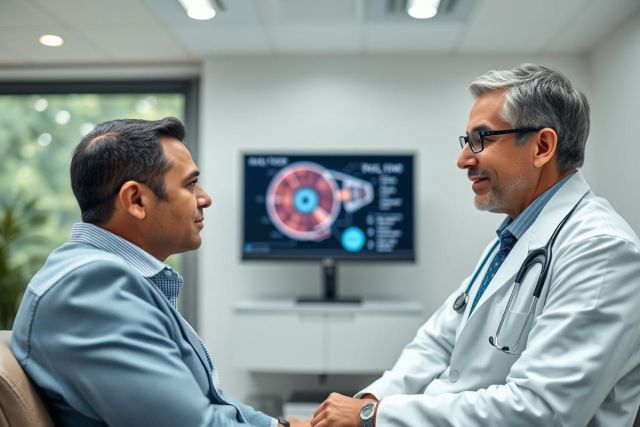 Doctor consults with a patient in a modern medical office. The scene features a diverse doctor in a white coat and glasses, engaging with a male patient. A medical display showing an anatomical diagram is visible in the background. Warm lighting and a professional environment depict healthcare and patient care.