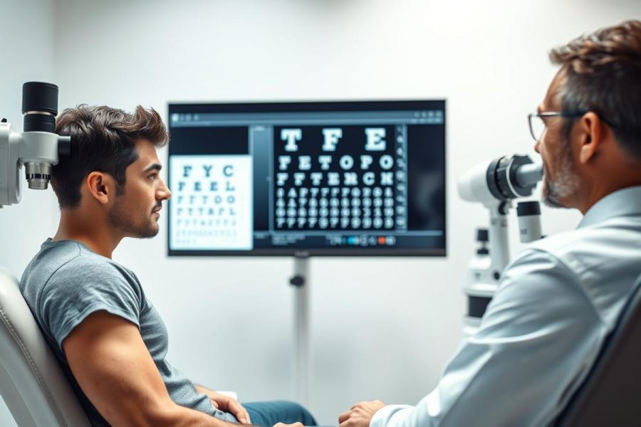 Eye exam in progress. A young man sits facing an optometrist with an eye chart displayed on a monitor. Medical setting, diagnostic testing, vision care. Focus on eye health and professional examination.
