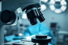Close-up of a surgical microscope in a modern operating room. Blue lighting highlights the equipment and a blurred surgical team. Represents medical technology, surgery, and healthcare science. Focus on precision and sterile environment.