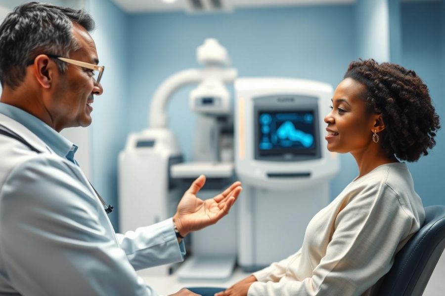 Doctor consulting with a patient in a modern medical clinic. A smiling African American woman sits facing a male doctor wearing a white coat, with diagnostic imaging equipment visible in the background. The scene conveys a healthcare consultation in a clean, blue-toned environment.