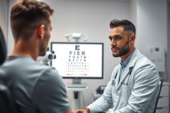 Optometrist examining a patient during an eye test in a modern clinic. The image shows a doctor in a white coat assessing vision using an eye chart displayed on a monitor. Focus is on healthcare, eye care, and professional medical consultation with a clean, bright environment.