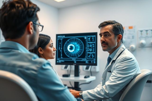 Doctor consults with patients in a modern ophthalmology clinic. Eye scan displayed on monitor. Healthcare, medical examination, and eye care concepts. Professional setting, blue and white tones.