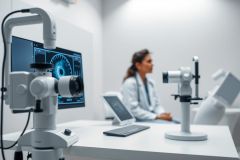 Medical examination scene. A doctor in a white coat observes a digital eye scan on a microscope display in a modern, bright white clinic. 