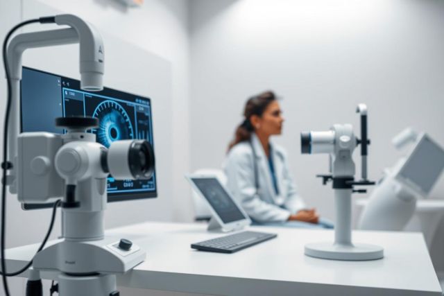 Medical examination scene. A doctor in a white coat observes a digital eye scan on a microscope display in a modern, bright white clinic. 
