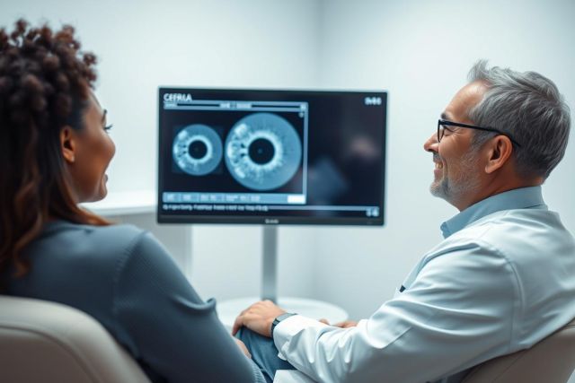 Doctor discusses eye scan results with patient in a modern clinic. The image shows a medical display with retinal imagery, suggesting ophthalmology, eye health, and diagnostic consultation. Blue and neutral tones dominate the scene.