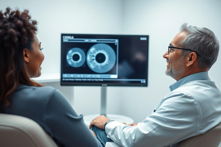 Doctor discusses eye scan results with patient in a modern clinic. The image shows a medical display with retinal imagery, suggesting ophthalmology, eye health, and diagnostic consultation. Blue and neutral tones dominate the scene.
