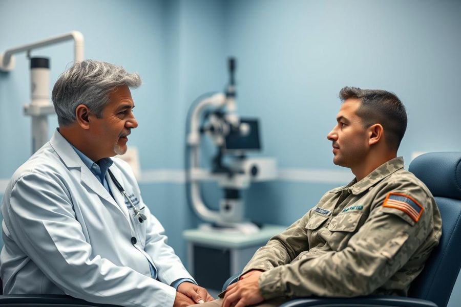 Doctor consults with a military service member in a modern medical clinic. The scene features a man in a white coat speaking with a soldier in camouflage uniform. Blue and white tones dominate the clinical setting with medical equipment visible. Healthcare, military, and patient consultation themes are present.