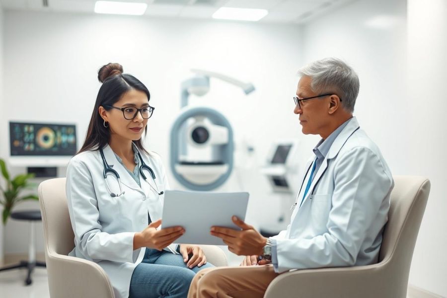 Two doctors in white coats discuss patient data on a tablet in a modern, bright medical clinic. The scene features healthcare professionals, consultation, and diagnostic equipment, suggesting medical examination or diagnosis.