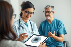 Doctor examining a patient's eye with a tablet displaying an iris image. Medical consultation in a bright, modern clinic setting. Healthcare professionals in blue and white scrubs, discussing diagnosis. Focus on eye care and patient well-being.