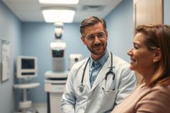 Doctor in a modern clinic examining a patient. A friendly consultation takes place in a blue-toned examination room with medical equipment visible. Healthcare, medical professional, patient care, and wellness are key themes.
