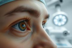 Close-up of a focused eye in a medical setting. The eye, with striking hazel irises, is framed by dark lashes and a surgical cap. A bright operating room light is blurred in the background, suggesting a surgical procedure or medical examination. Healthcare, eyes, surgery, medical, examination.
