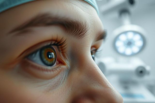 Close-up of a focused eye in a medical setting. The eye, with striking hazel irises, is framed by dark lashes and a surgical cap. A bright operating room light is blurred in the background, suggesting a surgical procedure or medical examination. Healthcare, eyes, surgery, medical, examination.