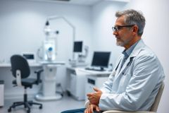 A mature male doctor in a white coat and glasses sits thoughtfully in a modern office. The room features white walls, computers, and dental equipment. A professional healthcare setting.