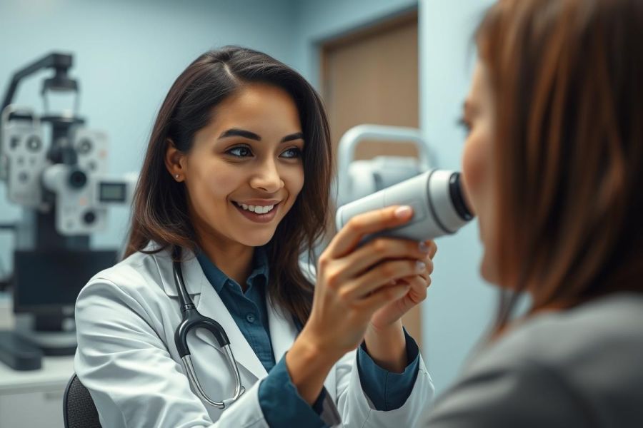 Friendly female optometrist examines a patient's eye in a modern clinic. The doctor wears a white coat and stethoscope, using an ophthalmoscope. Bright, professional setting with medical equipment in the background. Healthcare, eye care, and vision checkup concepts.
