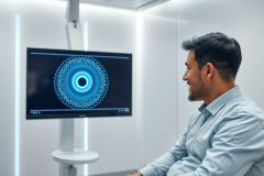 Man viewing a futuristic eye exam display in a modern, white clinic. The screen shows a blue and black radial pattern. Healthcare technology, vision testing, and medical diagnostics are key themes. Clean, minimalist design.