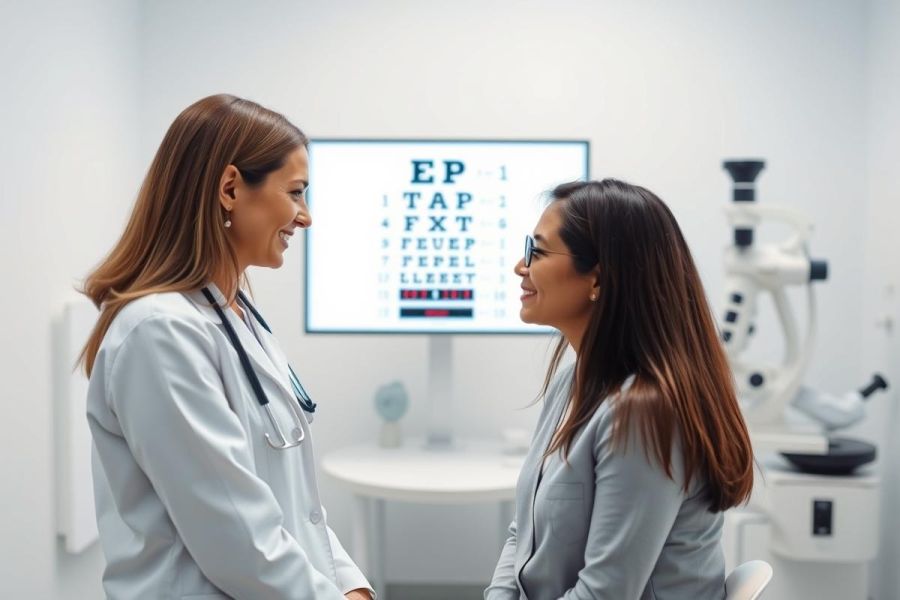 Optometrist examining a patient during an eye test. A woman in a white coat and stethoscope interacts with a patient wearing glasses, with an eye chart displayed on a screen in a modern healthcare setting. Focus on eye care, vision testing, and professional medical consultation.