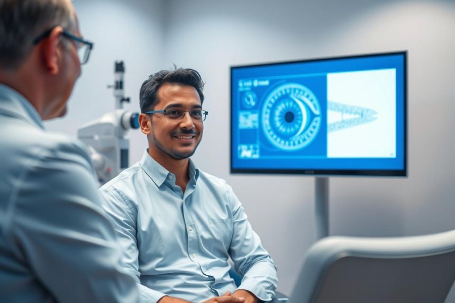 Man having an eye exam with an ophthalmologist in a modern clinic. A screen displays eye anatomy diagrams. Healthcare, vision care, and medical technology are key themes. Blue and white color scheme.