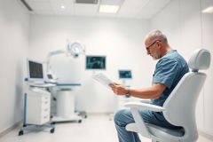A mature male doctor in scrubs reviews patient charts in a modern, bright dental or medical examination room. White walls, equipment, and chair create a clean, clinical environment. Focus on healthcare, dentistry, and professional medical review.
