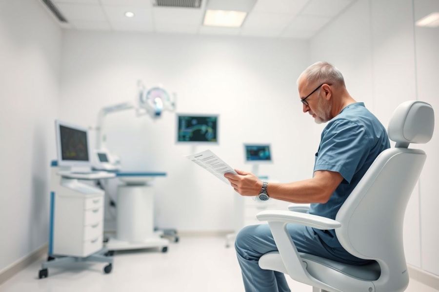 A mature male doctor in scrubs reviews patient charts in a modern, bright dental or medical examination room. White walls, equipment, and chair create a clean, clinical environment. Focus on healthcare, dentistry, and professional medical review.