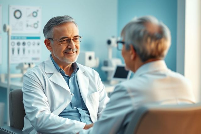 An eye doctor consults with a patient in a bright, modern clinic. The scene features an optometrist in a white coat, an eye chart visible in the background, and a calming blue color scheme, representing eye care and healthcare services.