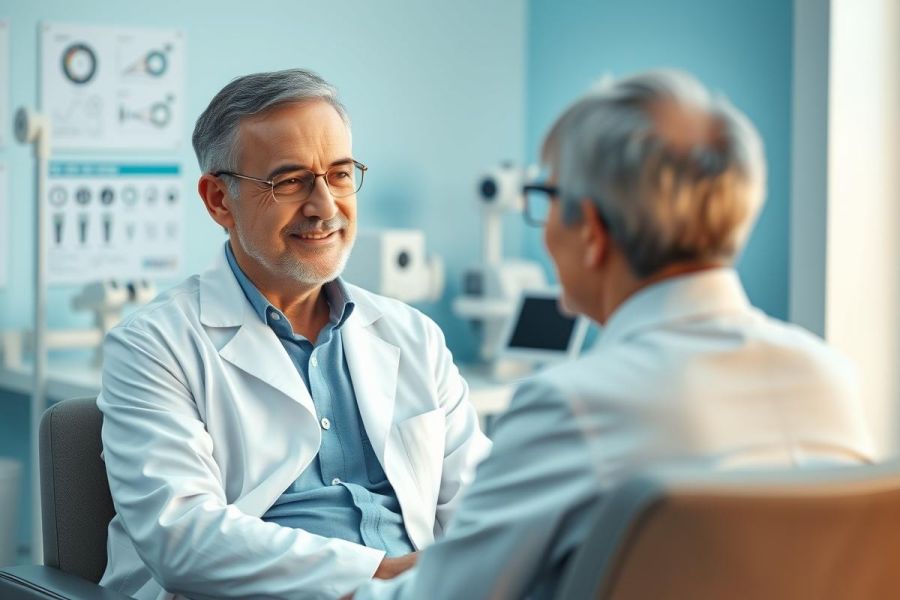 An eye doctor consults with a patient in a bright, modern clinic. The scene features an optometrist in a white coat, an eye chart visible in the background, and a calming blue color scheme, representing eye care and healthcare services.