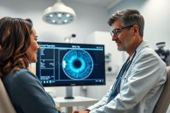 Doctor examining a patient's eye scan on a monitor in a modern ophthalmology clinic. Focus on eye health, diagnostic imaging, and healthcare consultation. Blue and white tones dominate the scene, showcasing a professional medical environment.